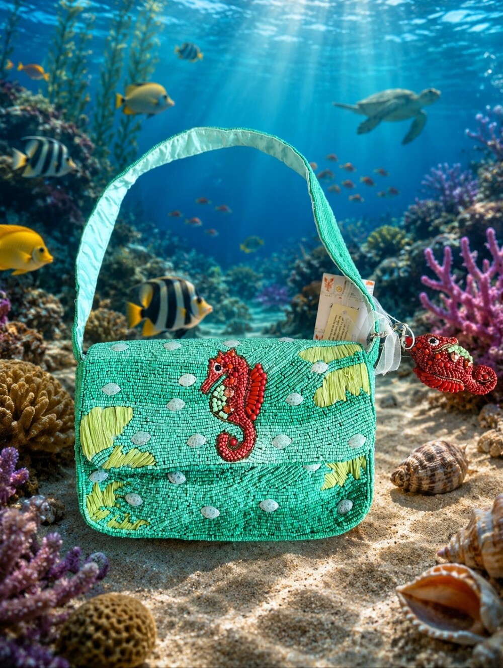 Beaded Seahorse Bag - Teal Green. Vacation Collectible NWT Rare Viral Handmade